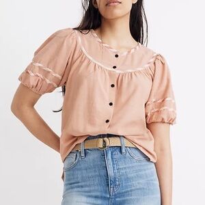 Madewell Peach Gingham-Trim Short Sleeve Button Front Summer Top Size XS
